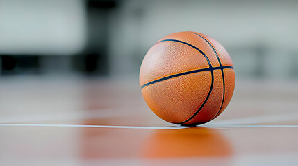 Naklejka premium Orange Basketball Resting On Wooden Court Floor With Blurred Background Close Up Focus