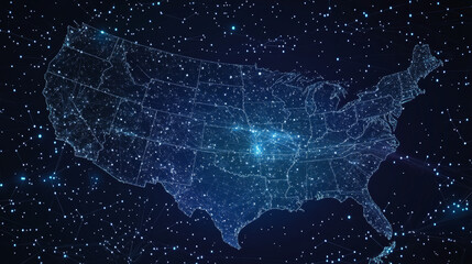 Abstract image of a USA map in the form of a starry sky or space, consisting of points, lines, and shapes in the form of planets, stars and the universe. USA map vector wireframe concept