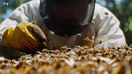 A beekeeper, donning full protective gear, manages a swarming hive, focusing on the bees surrounded by nature's lush green backdrop.