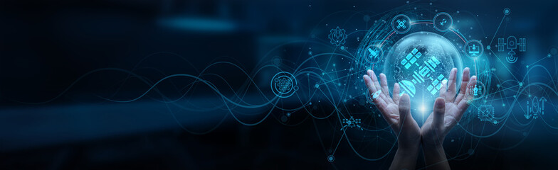 Space Technology. Hand man holding of global satellite network connection, enabling seamless...