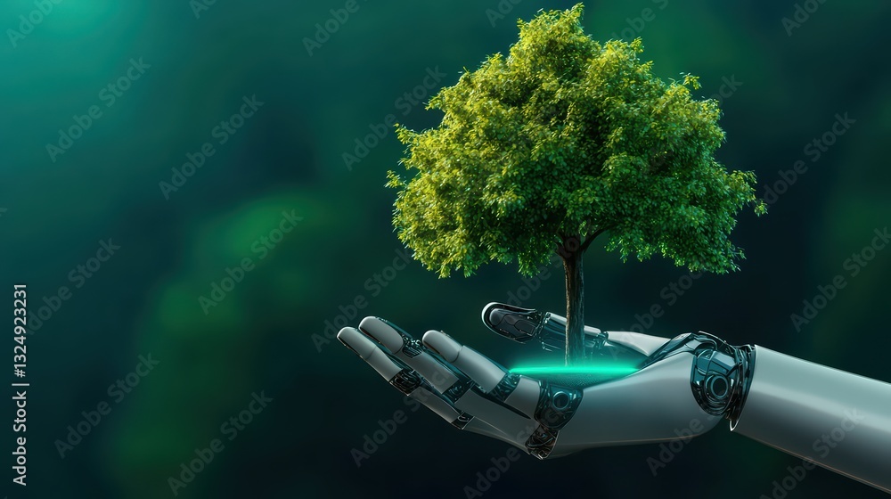 Poster futuristic robotic hand cradling a small tree in an ecological conceptual setting