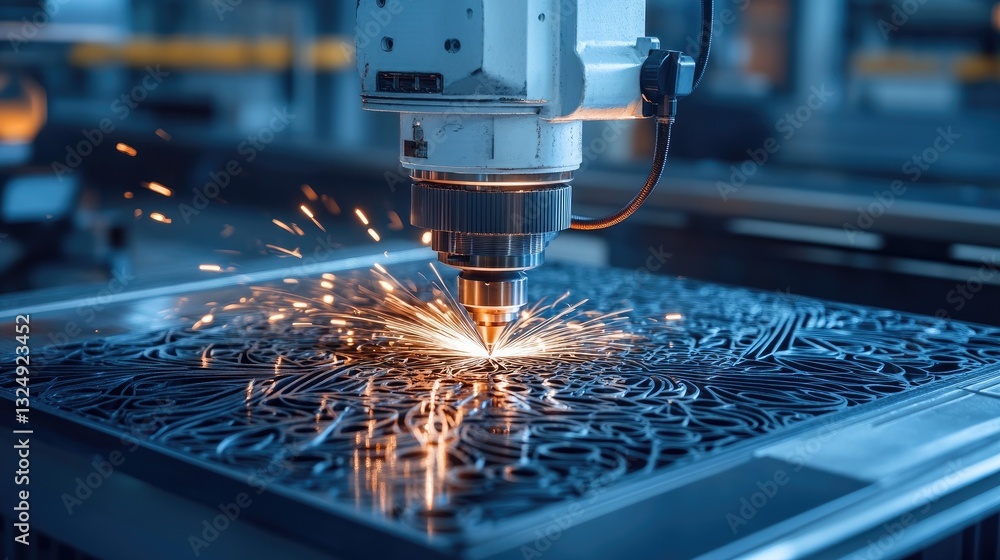 Poster laser cutting machine slicing intricate patterns into steel sheets in an automated facility.
