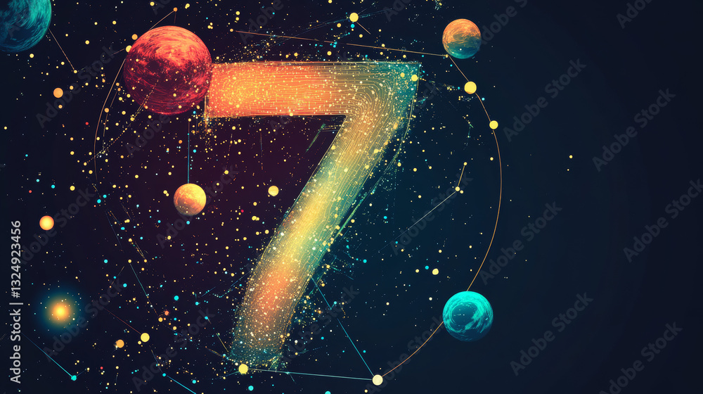 Poster abstract image of a number seven in the form of a starry sky or space, consisting of points, lines, 