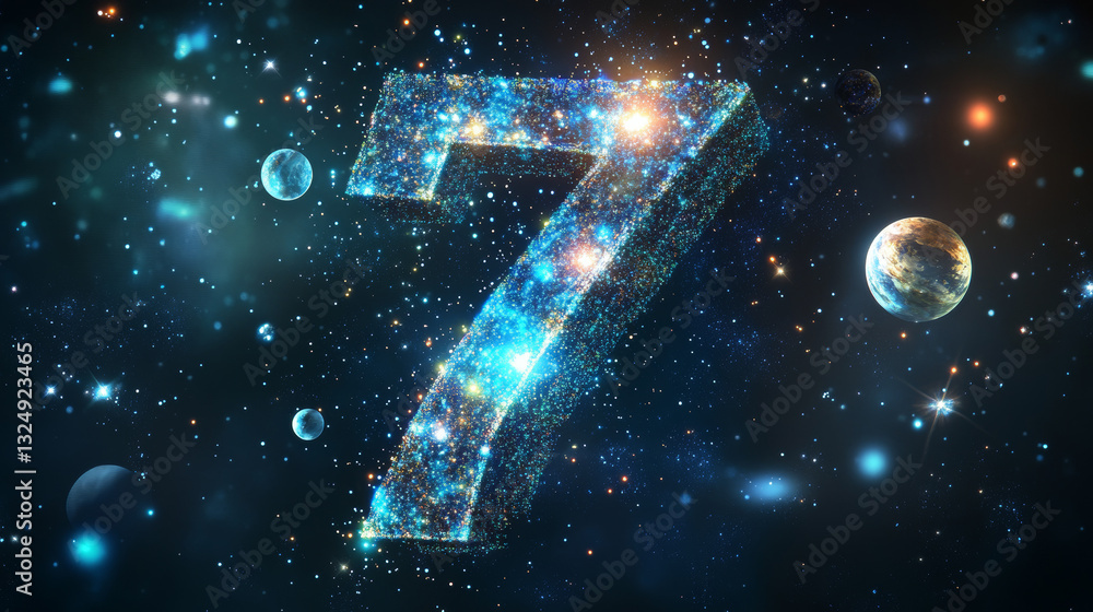 Poster abstract image of a number seven in the form of a starry sky or space, consisting of points, lines, 