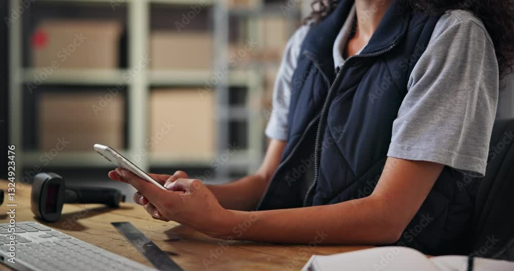 Poster phone, hands and woman in business for shipping, logistics notification and typing email. mobile, wa