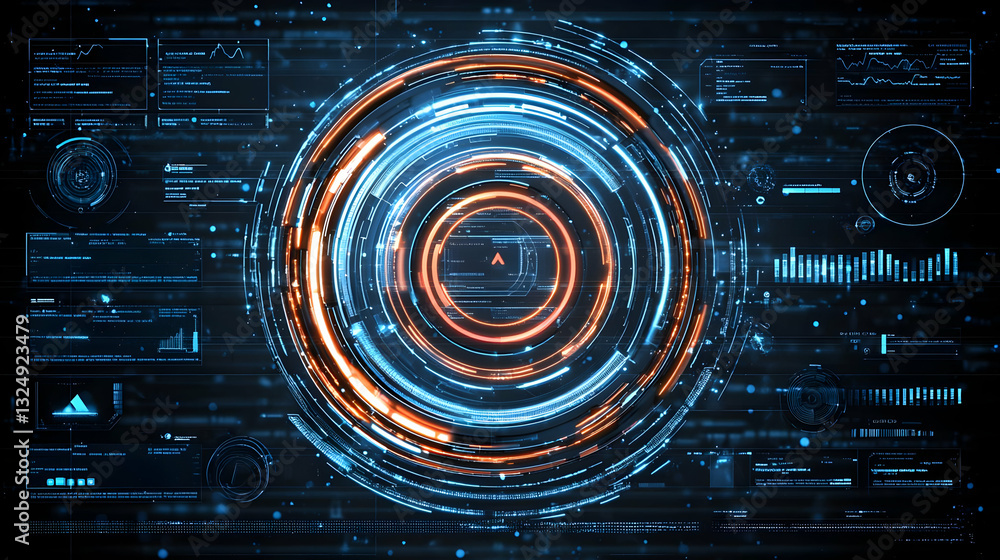 Poster abstract futuristic hud interface with glowing orange and blue circles on dark background visualizat