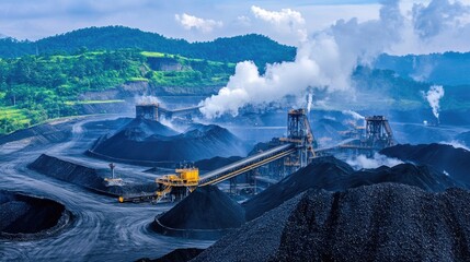 Fototapeta premium Massive industrial conveyor system transporting crushed rock in a mining facility.
