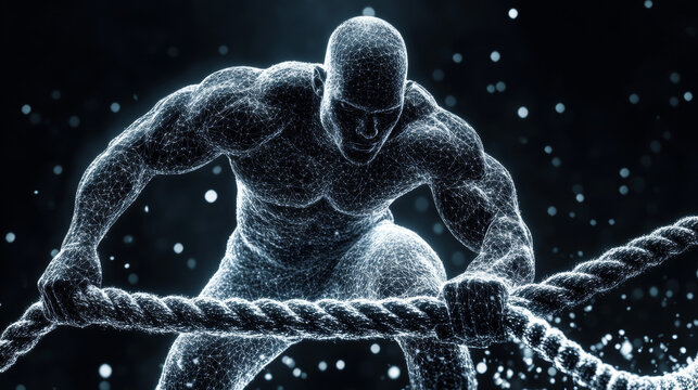 Power and strength low poly wireframe banner template. 3D strong sportsman exercising with heavy battle ropes with connected dots. Polygonal athlete gym training  mesh art illustration
