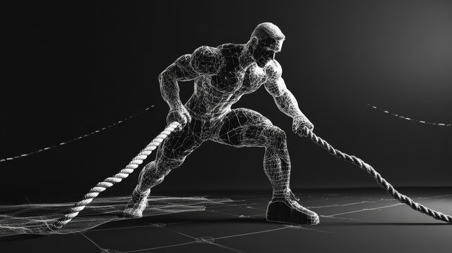 Power and strength low poly wireframe banner template. 3D strong sportsman exercising with heavy battle ropes with connected dots. Polygonal athlete gym training  mesh art illustration
