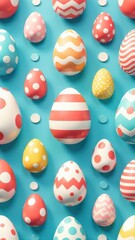 Fototapeta premium Colorful Easter eggs with patterns on a blue background. 