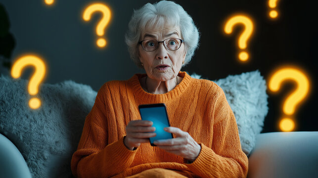 Elderly woman in an orange sweater sitting on a couch, looking confused at her smartphone, surrounded by glowing question marks.