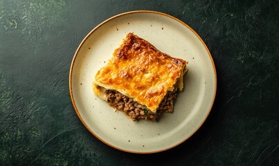 Traditional tourtere features minced meat and spices on a smooth plate against a dark green backdrop