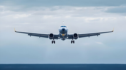 Large White Passenger Airplane Landing With Extended Landing Gear Against A Cloudy Grey Sky Over The Ocean
