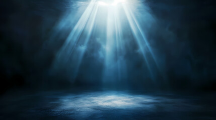 Dark background, distant light source illuminating the dark space from above and the right side, light beam with straight lines of light shining down on the flat ground. Sapphire Beam. Illustration
