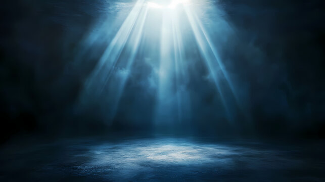 Dark background, distant light source illuminating the dark space from above and the right side, light beam with straight lines of light shining down on the flat ground. Sapphire Beam. Illustration