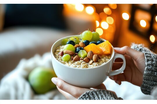 Cozy morning with oatmeal bowl topped with fresh fruit and nuts, promoting a healthy and nutritious breakfast for a balanced lifestyle and overall wellbeing at home.