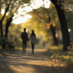 A couple walking in a park with a blurred natural background