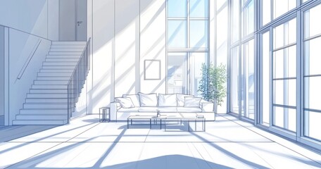 Fototapeta premium Sunlit modern living room sketch, staircase, large windows.