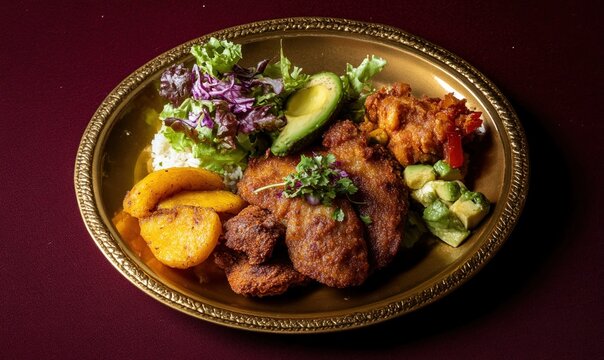 Fritada with hominy, avocado, plantains, and salad presented on a gold plate against a dark red backdrop
