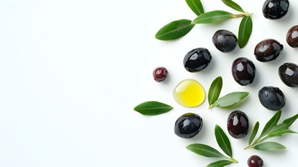 Fresh Olives and Olive Oil Isolated on White Background