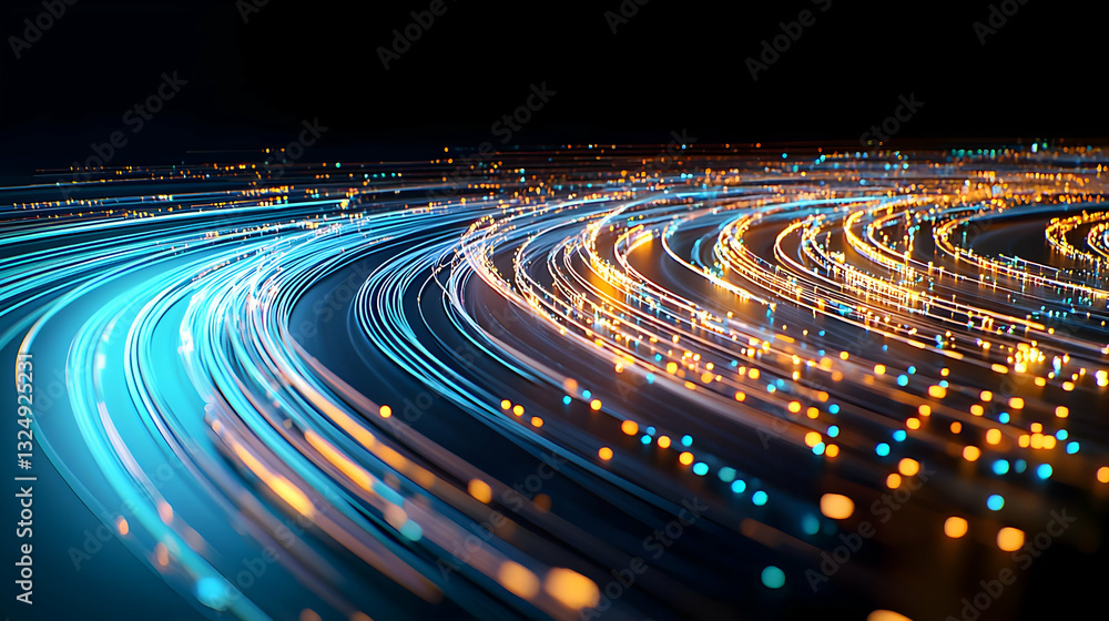 Poster abstract digital data stream in blue and orange with light trails representing technology networks
