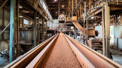 Fototapeta premium Neatly aligned conveyor system transporting coffee beans through an industrial roasting plant.
