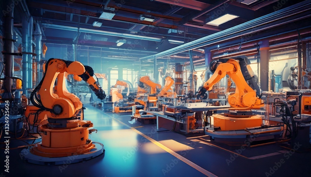 Aufkleber ai-powered smart factory with automated robots assembling products, industrial setting, vibrant colo