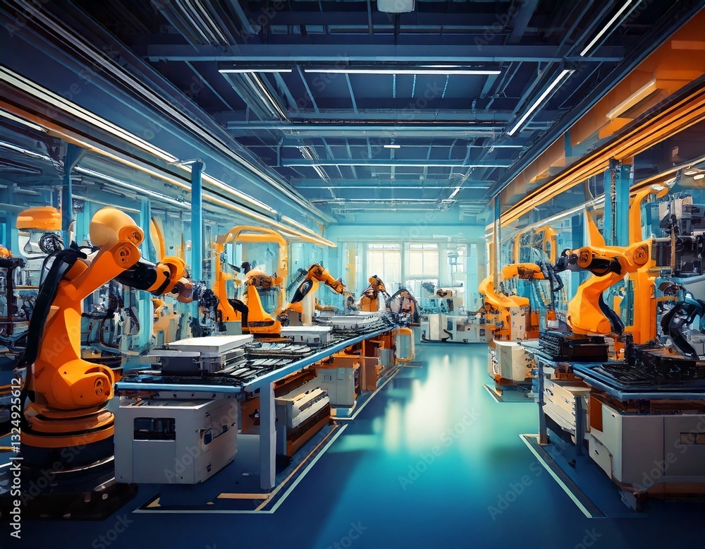 Poster ai-powered smart factory with automated robots assembling products, industrial setting, vibrant colo