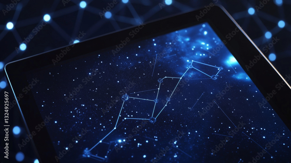 Poster analytics. arrow up concept on tablet pc screen. vector low poly wireframe in the form of starry sky