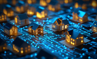Digital smart city concept with interconnected glowing houses on a futuristic network.

