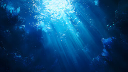 Obraz premium Intense sapphire seabed, shadowy depths illuminated by sunbeams , color, nature. Sapphire Beam. Illustration