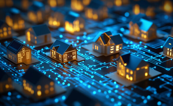 Digital smart city concept with interconnected glowing houses on a futuristic network.

