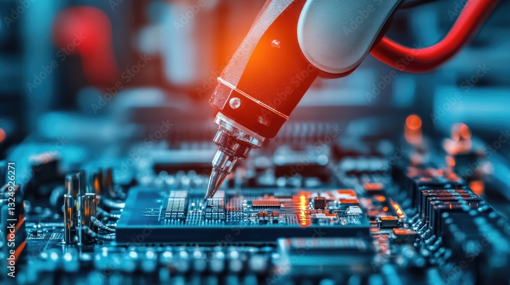 Poster precise robotic soldering stations assembling circuit boards in a semiconductor factory.