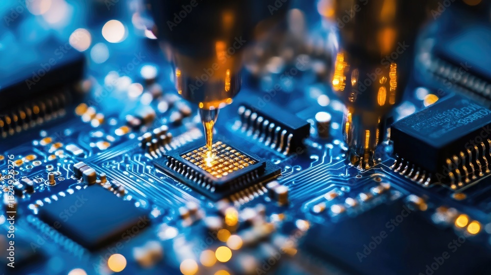 Aufkleber precise robotic soldering stations assembling circuit boards in a semiconductor factory.