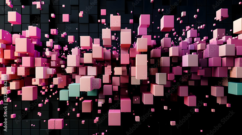 Poster abstract 3d composition of pink cubes against black background with gradient colors dynamic arrangem