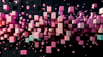 Abstract 3D Composition Of Pink Cubes Against Black Background With Gradient Colors Dynamic Arrangement