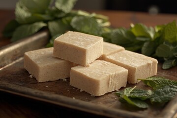 Delicious fudge squares with fresh mint garnish, arranged on a rustic wooden tray, creating an inviting and wholesome presentation of homemade confectioneries with natural flavors.