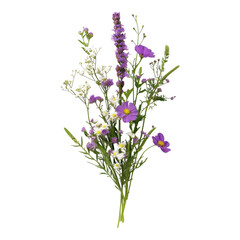 Naklejka premium A vibrant bouquet featuring purple and white flowers, showcasing delicate petals and lush green stems.