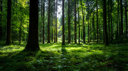Fototapeta premium Luminous Forest Interior Scene With Sunlight Streaming Through Green Trees And Groundcover