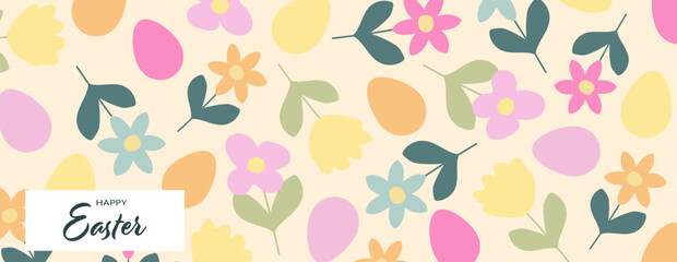 Happy Easter! Modern art minimalist style. Happy Easter banner, poster, greeting card. Easter minimalist design with typography, flowers and eggs in pastel colors.