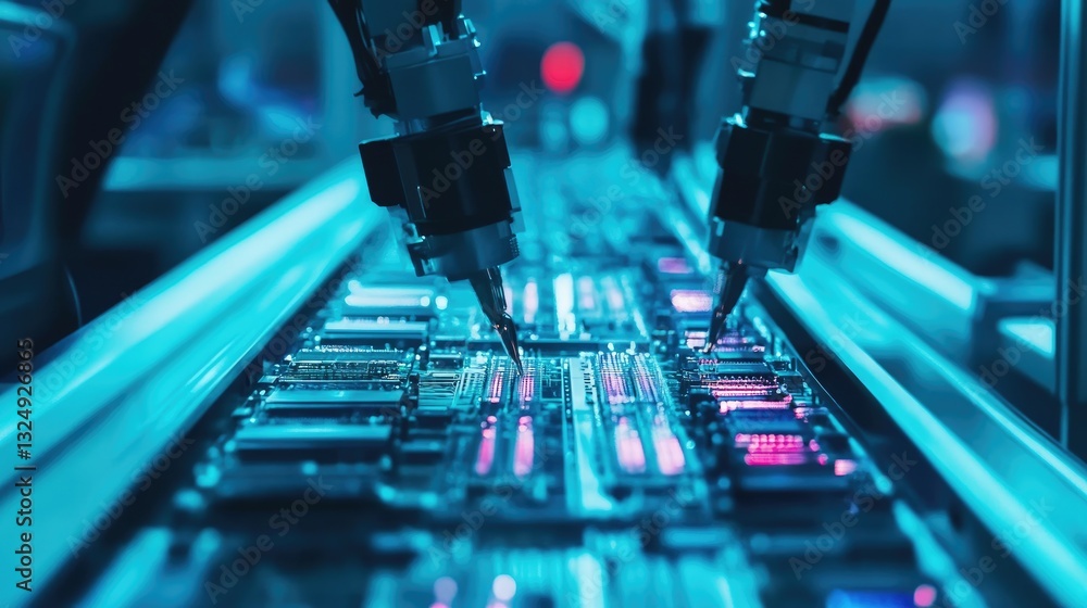 Poster robotic arms assembling intricate circuit boards with high precision in a modern electronics factory