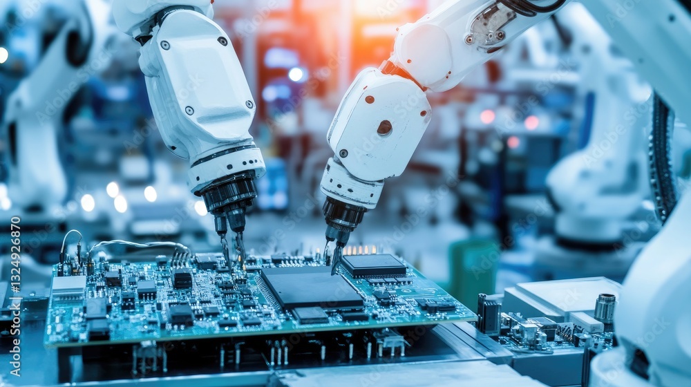 Poster robotic arms assembling intricate circuit boards with high precision in a modern electronics factory