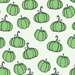 Seamless pattern with pumpkins on color background. Vector hand drawn sketched pumpkin. Autumn illustration for holidays, Halloween. Various food items in doodle style.