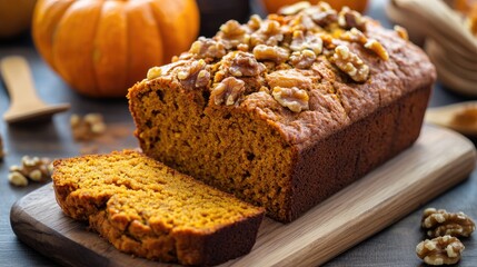 Fototapeta premium Warmly Sliced Pumpkin Loaf: A Close-Up of Delectable Fall Treats with Walnuts for Sweet Snacking