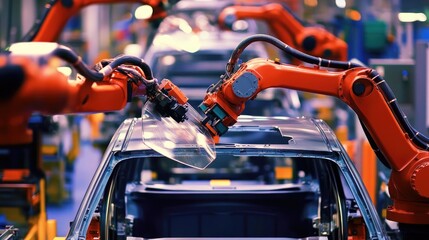 Fototapeta premium Robotic arms carefully installing windshield glass on a car assembly line.
