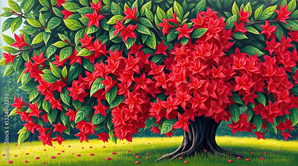 Poster bright red blossoms cover a large leafy tree in a tranquil park setting creating a striking contrast