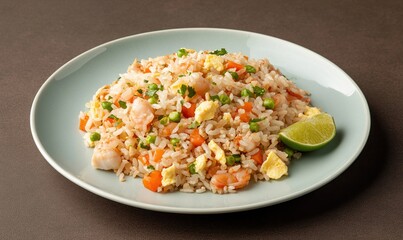 Delicious Khao Pad fried rice with eggs, vegetables, and shrimp served on a light blue plate