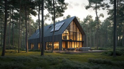 Sleek smart home with solar panels and battery storage, fully powered by renewable energy.