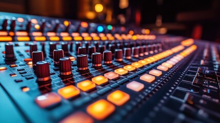 Audio mixer board with glowing buttons, adjusting in studio, blurred lights