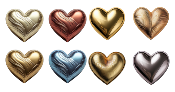 Glossy Heart Shapes in Four Colors with Elegant Texture Patterns, Bundle Set Collection, Isolated on Transparent Background